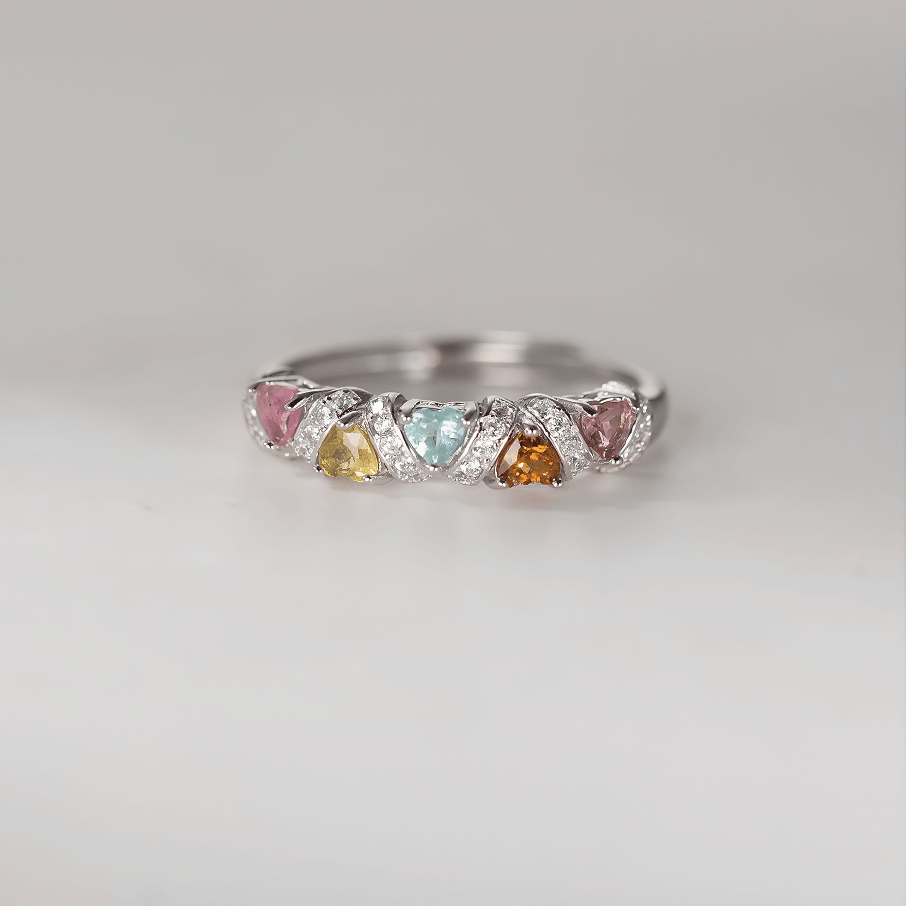 Rainbow Heart Sterling Silver Ring – Multicolor CZ Heart Band Ring - NAFALUXE