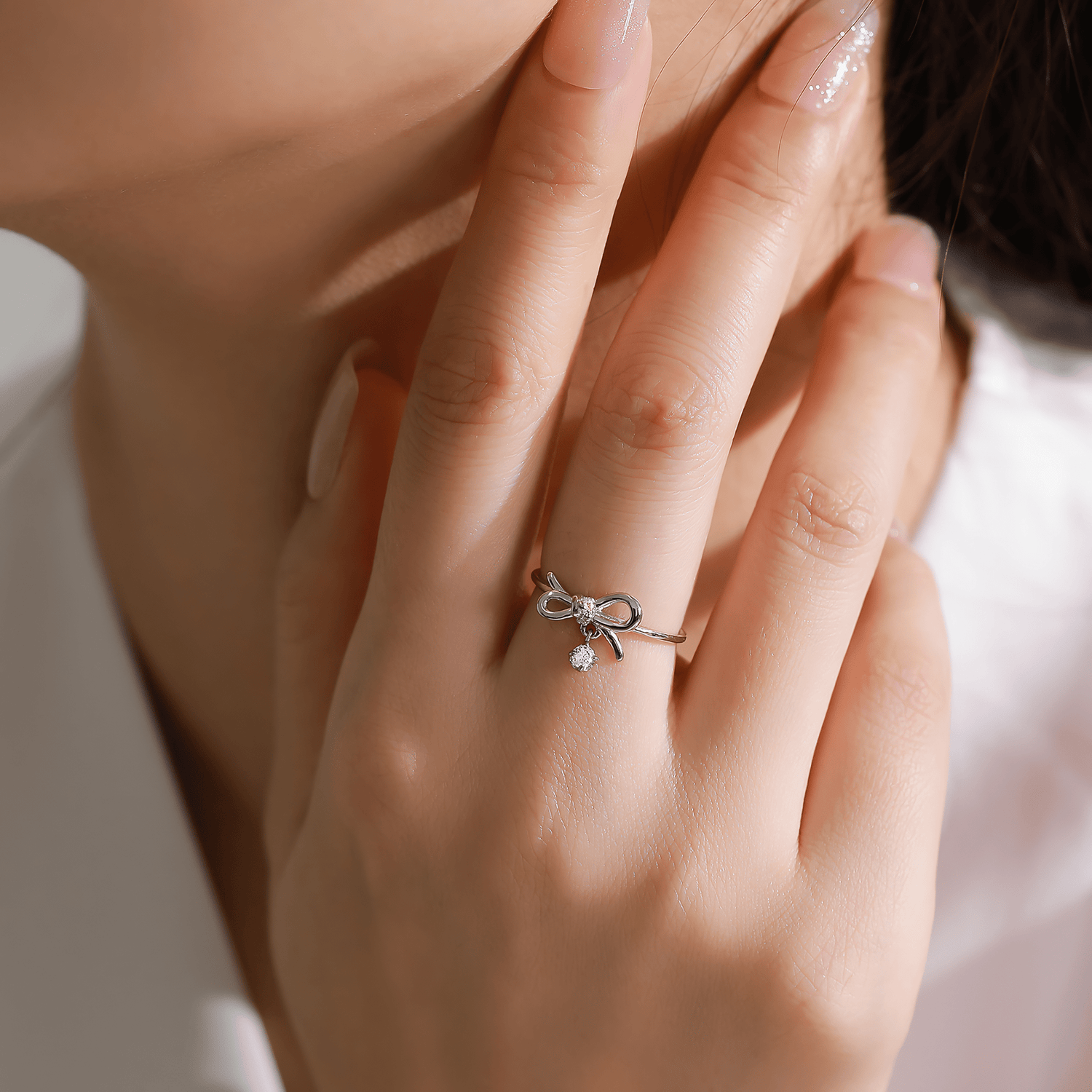 Ribbon Charm Ring 925 Sterling Silver with CZ Detail - NAFALUXE