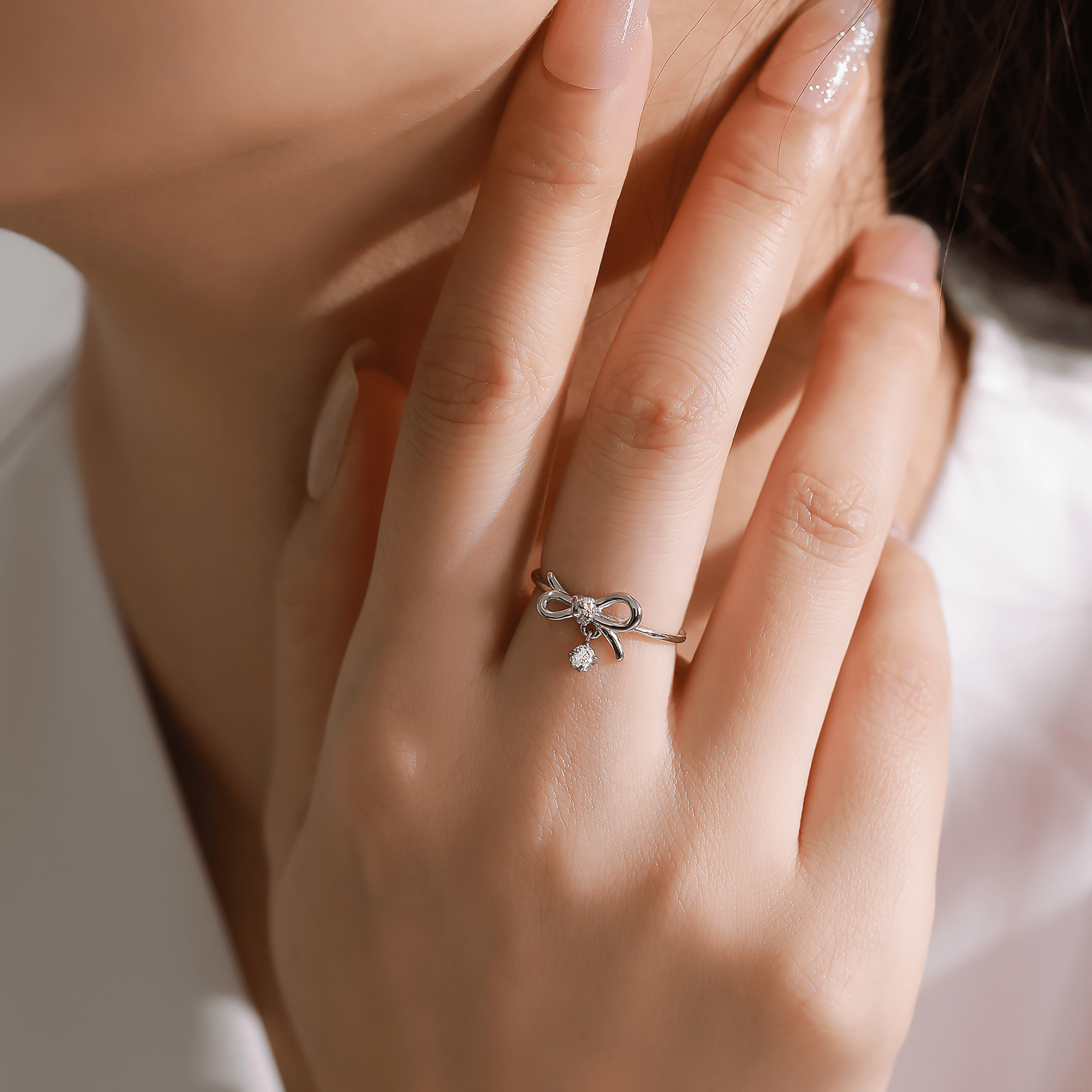 Ribbon Charm Ring 925 Sterling Silver with CZ Detail - NAFALUXE