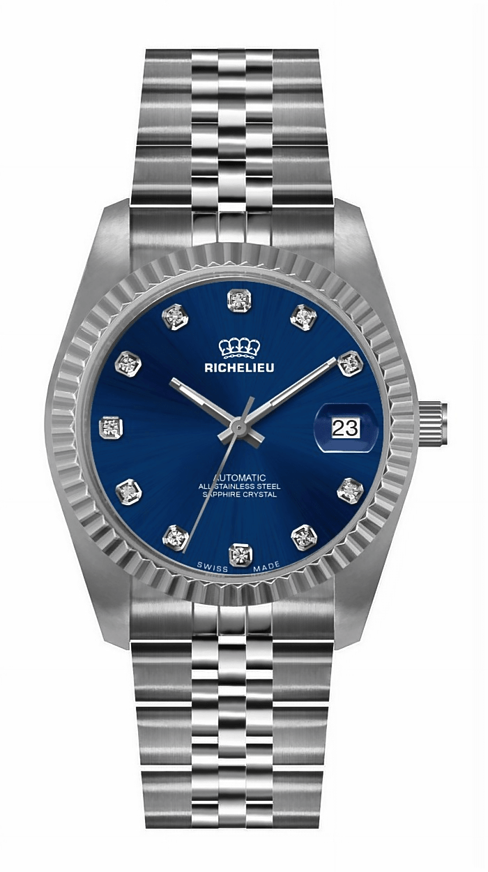 Montre automatique Richelieu à cadran bleu et diamants, 31 mm – Fabriquée en Suisse - NAFALUXE