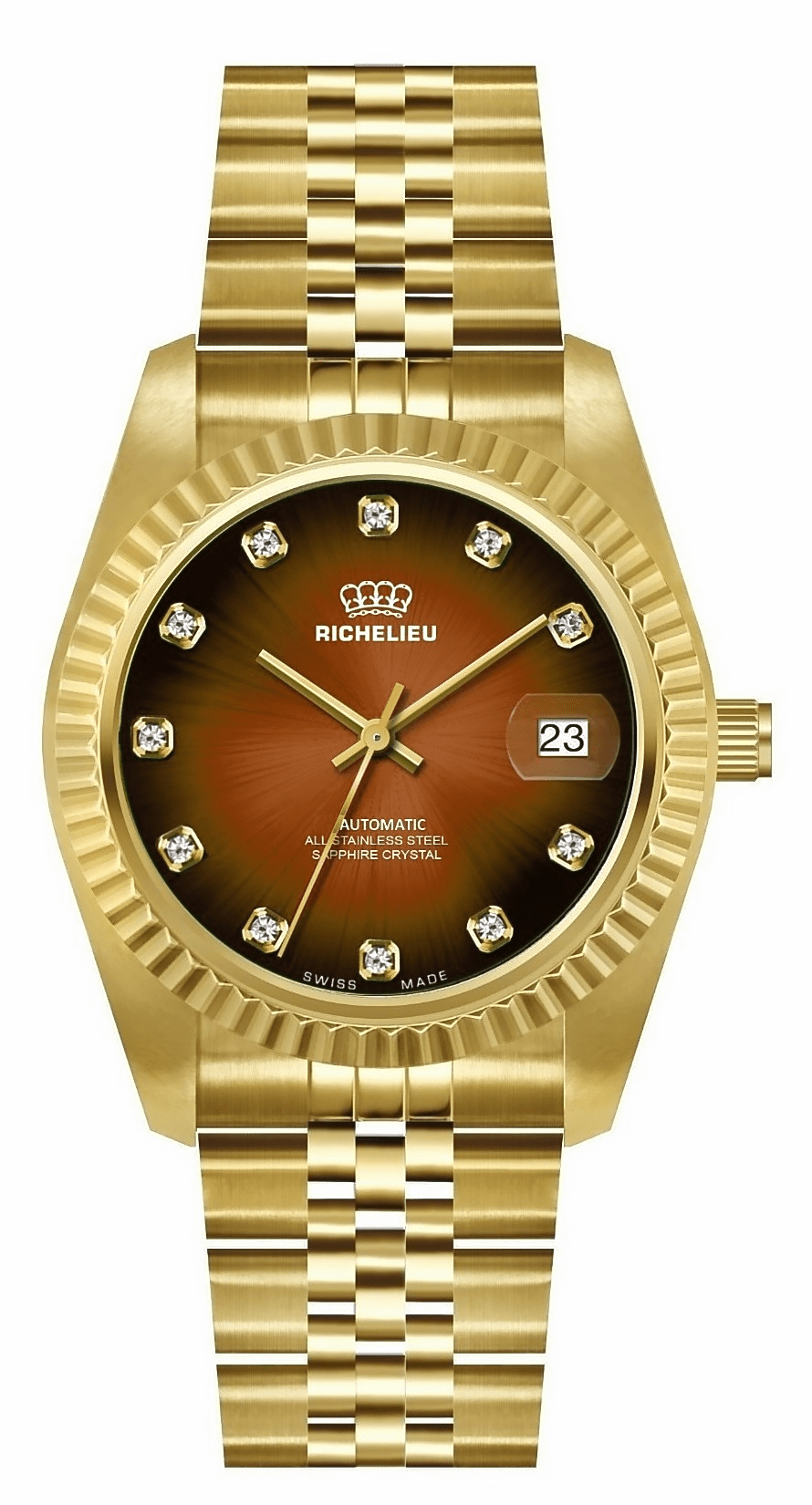 Orologio Richelieu automatico con quadrante marrone effetto raggiante, cassa in oro, 31 mm – Swiss Made - NAFALUXE