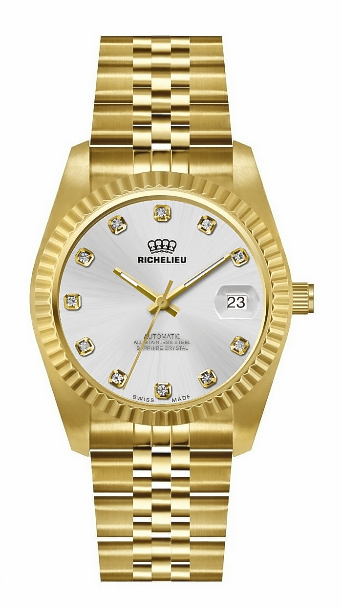 Montre Richelieu automatique à cadran doré et diamants, 31 mm – Fabriquée en Suisse - NAFALUXE