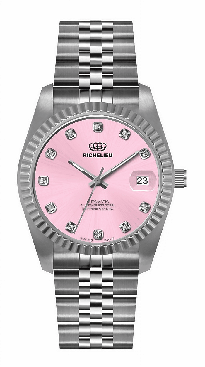 Montre automatique Richelieu à cadran rose et diamants, 31 mm – Fabriquée en Suisse - NAFALUXE