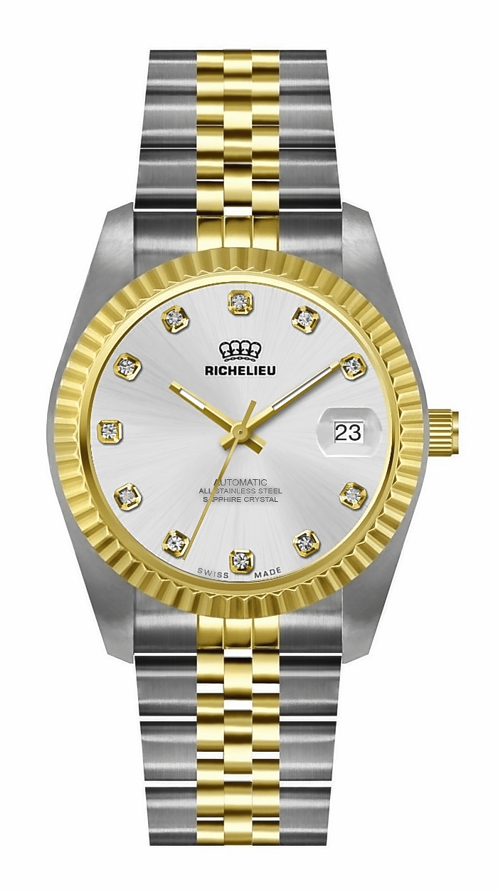 Montre automatique Richelieu bicolore argent et or, 31 mm – Fabriquée en Suisse - NAFALUXE