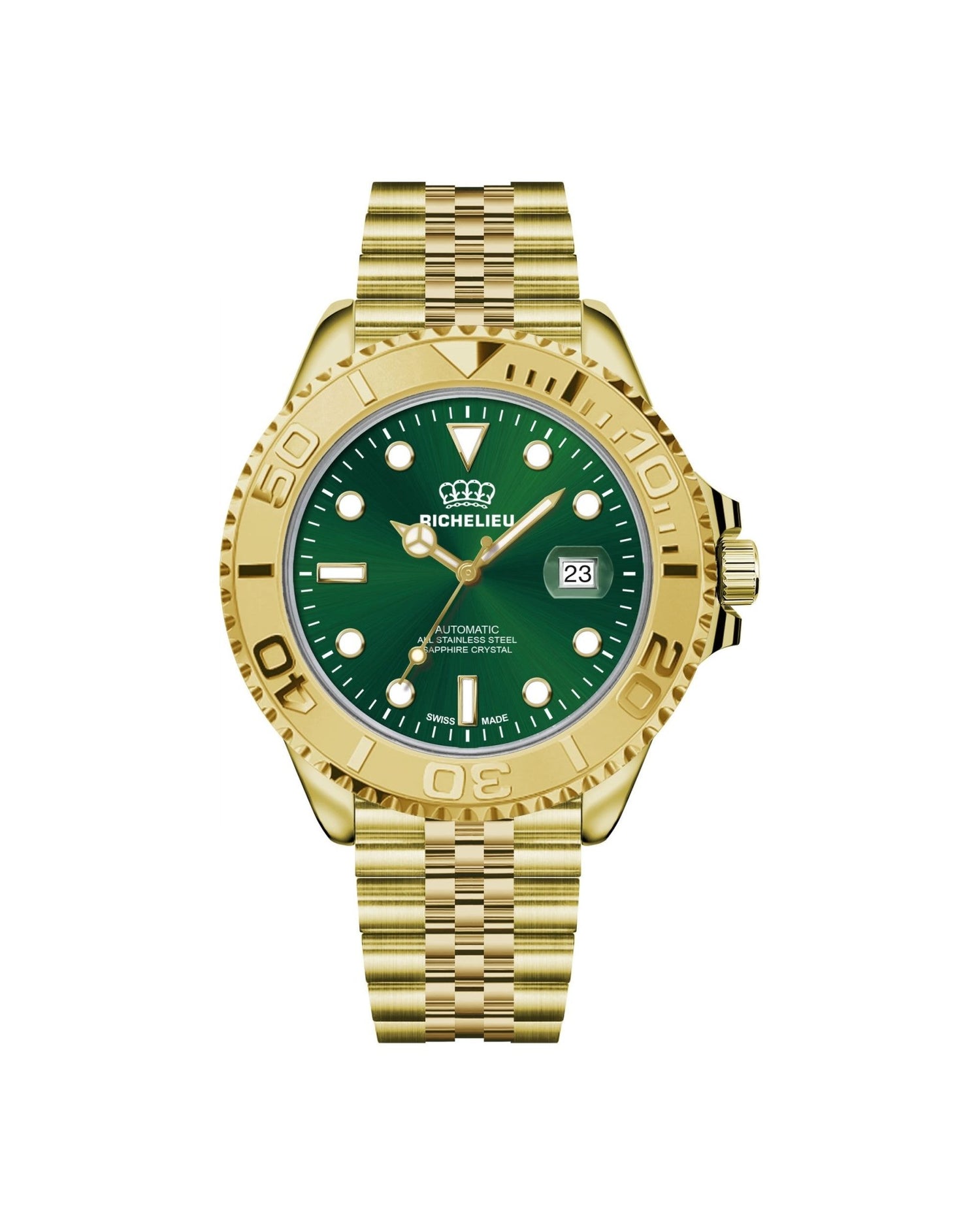 Orologio automatico Richelieu, 33 mm, quadrante verde, acciaio inossidabile 316L color oro – Swiss Made - NAFALUXE