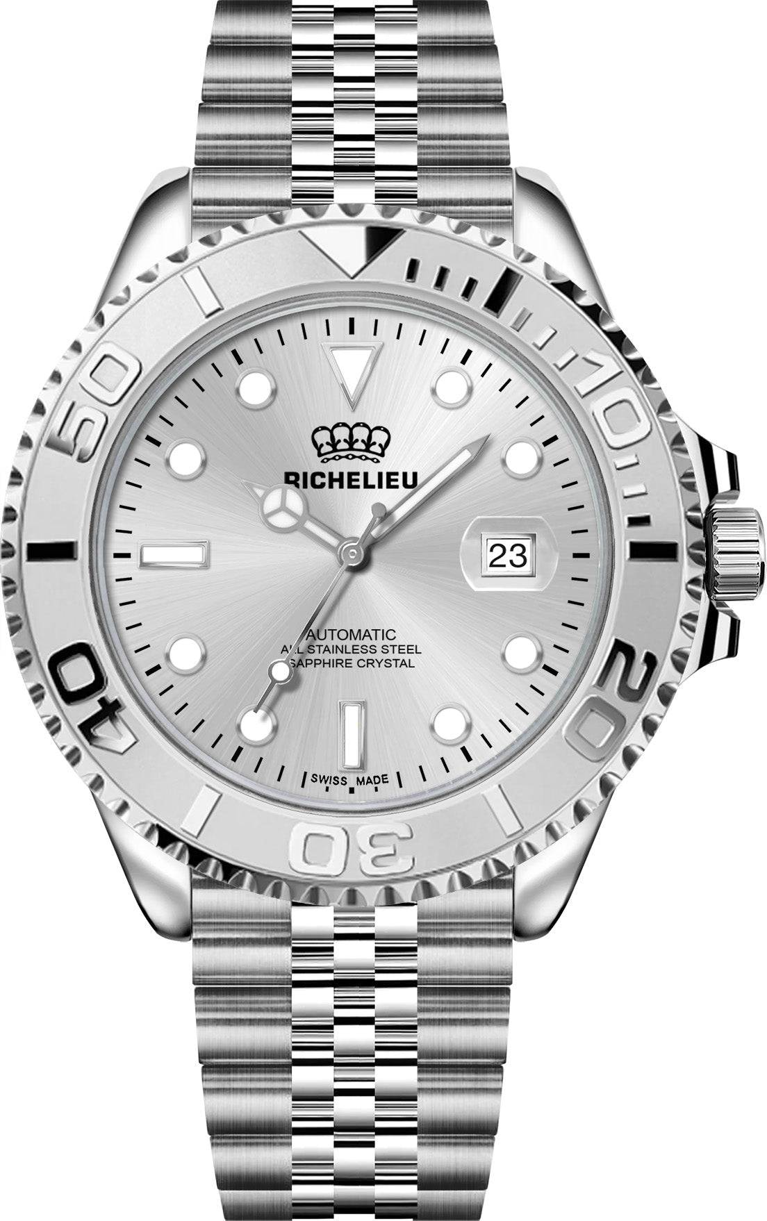 Montre automatique Richelieu, 33 mm, cadran argenté, acier inoxydable 316L – Fabriquée en Suisse - NAFALUXE