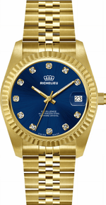 Montre Richelieu Excellence 31 mm à cadran bleu et verre cristal, finition dorée, fabriquée en Suisse – 25R31.05.971 - NAFALUXE