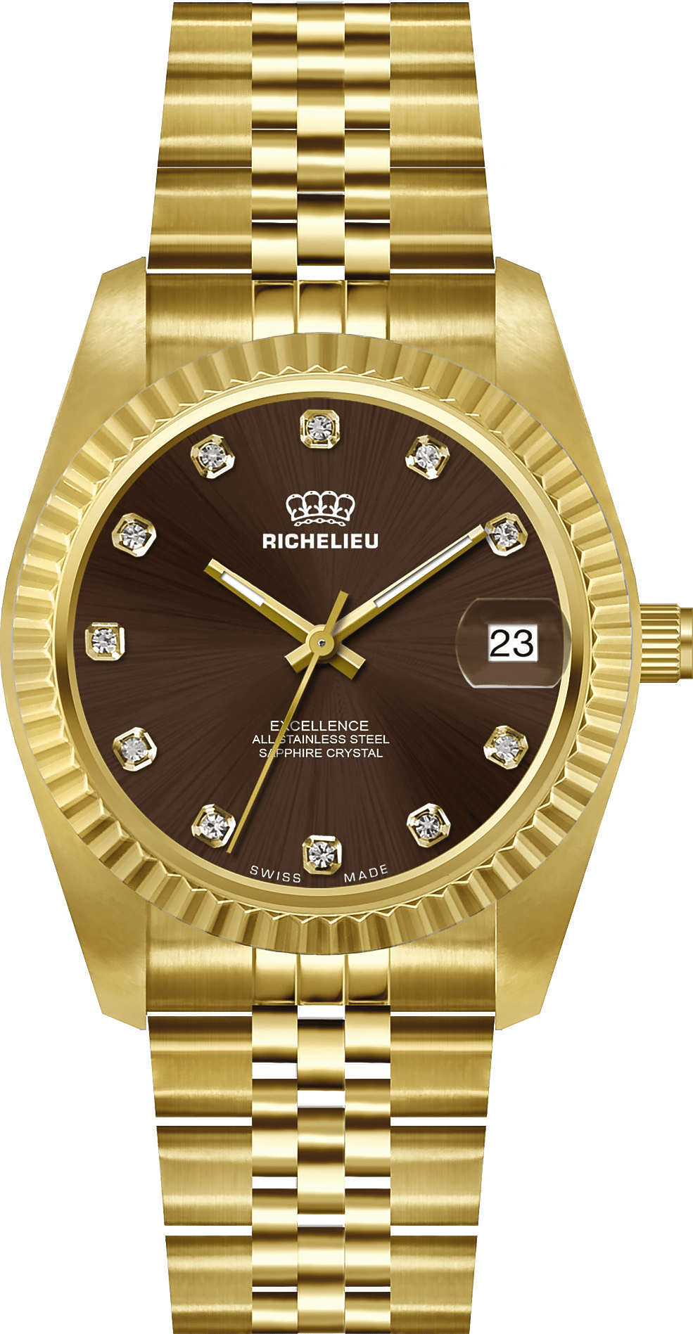 Montre Richelieu Excellence 31 mm, cadran marron, verre minéral, finition dorée, fabriquée en Suisse – 25R31.05.951 - NAFALUXE