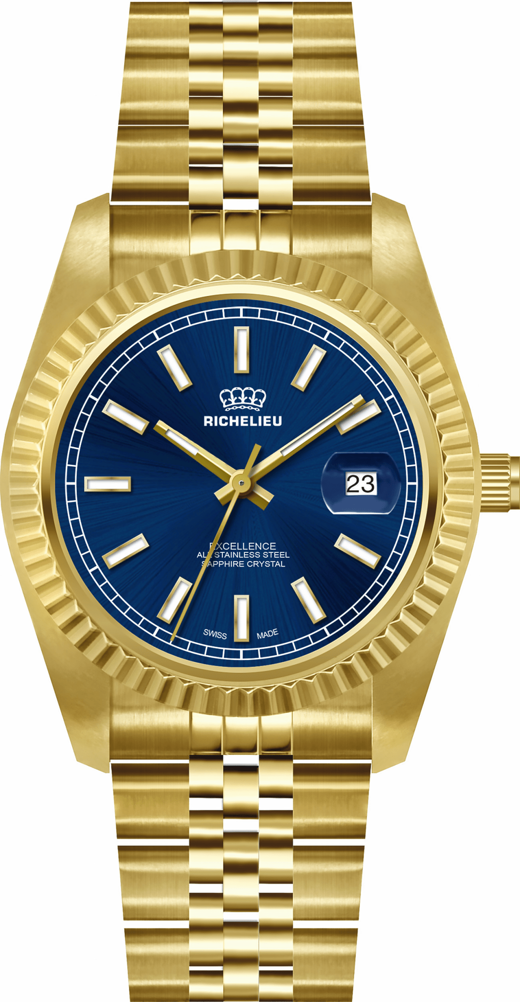 Montre Richelieu Excellence 41 mm à cadran bleu et boîtier doré, fabriquée en Suisse – 25R41.05.971 - NAFALUXE