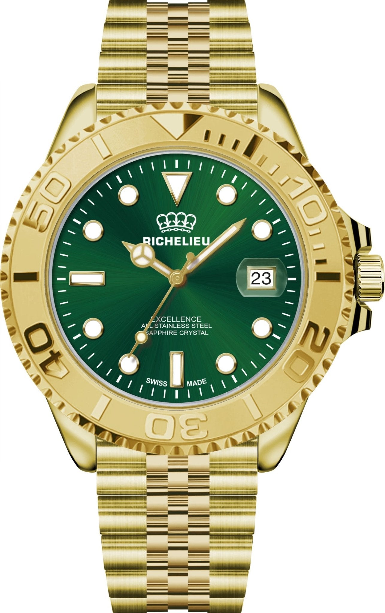 Orologio automatico Richelieu Excellence, 43 mm, quadrante verde, acciaio inossidabile 316L color oro – Swiss Made - NAFALUXE