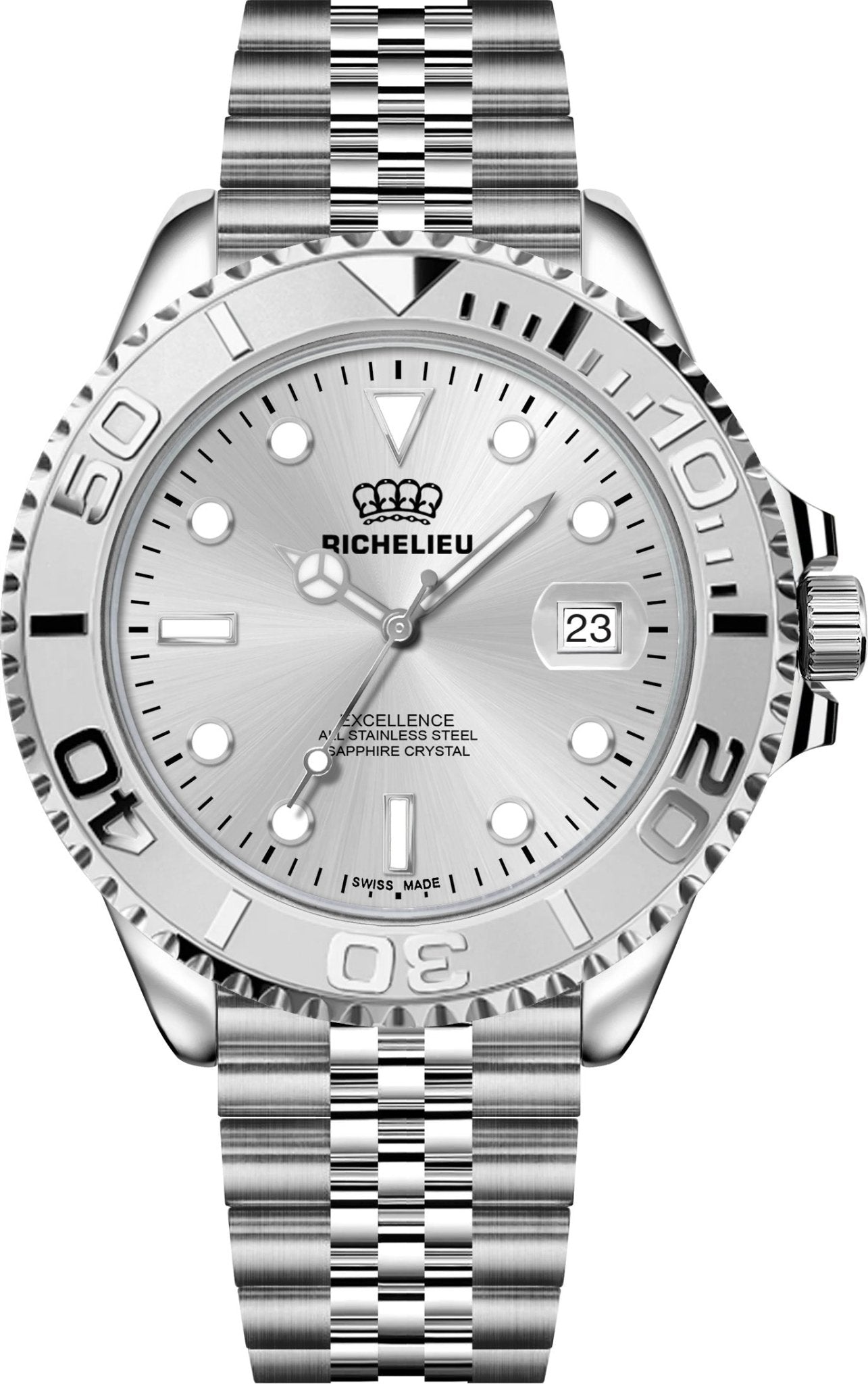 Montre automatique Richelieu Excellence, 43 mm, cadran argenté, acier inoxydable 316L – Fabriquée en Suisse - NAFALUXE
