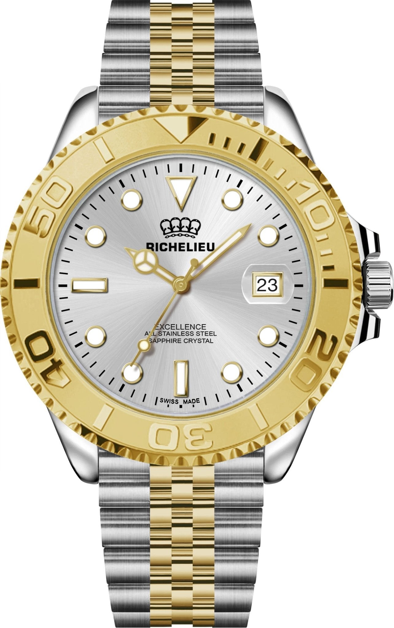 Montre automatique Richelieu Excellence, 43 mm, cadran blanc, acier inoxydable 316L bicolore – Fabriquée en Suisse - NAFALUXE