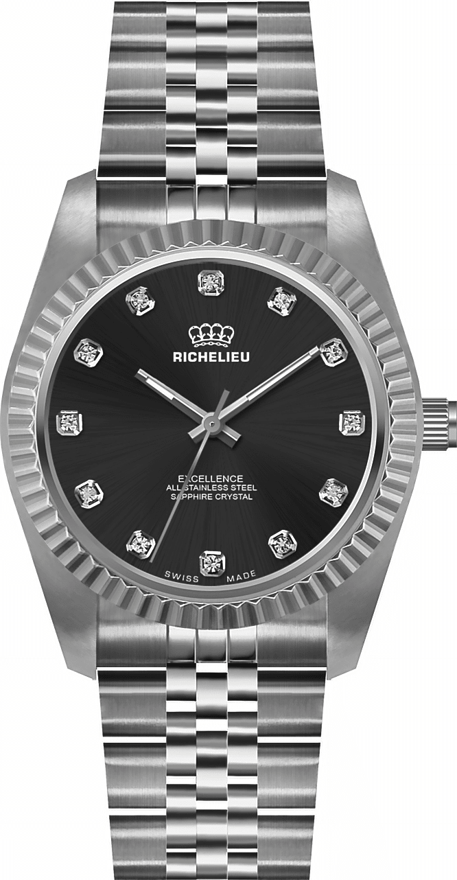 Orologio da donna Richelieu Excellence 22 mm – Quadrante nero con indici in cristallo, finiture argento | Swiss Made - NAFALUXE
