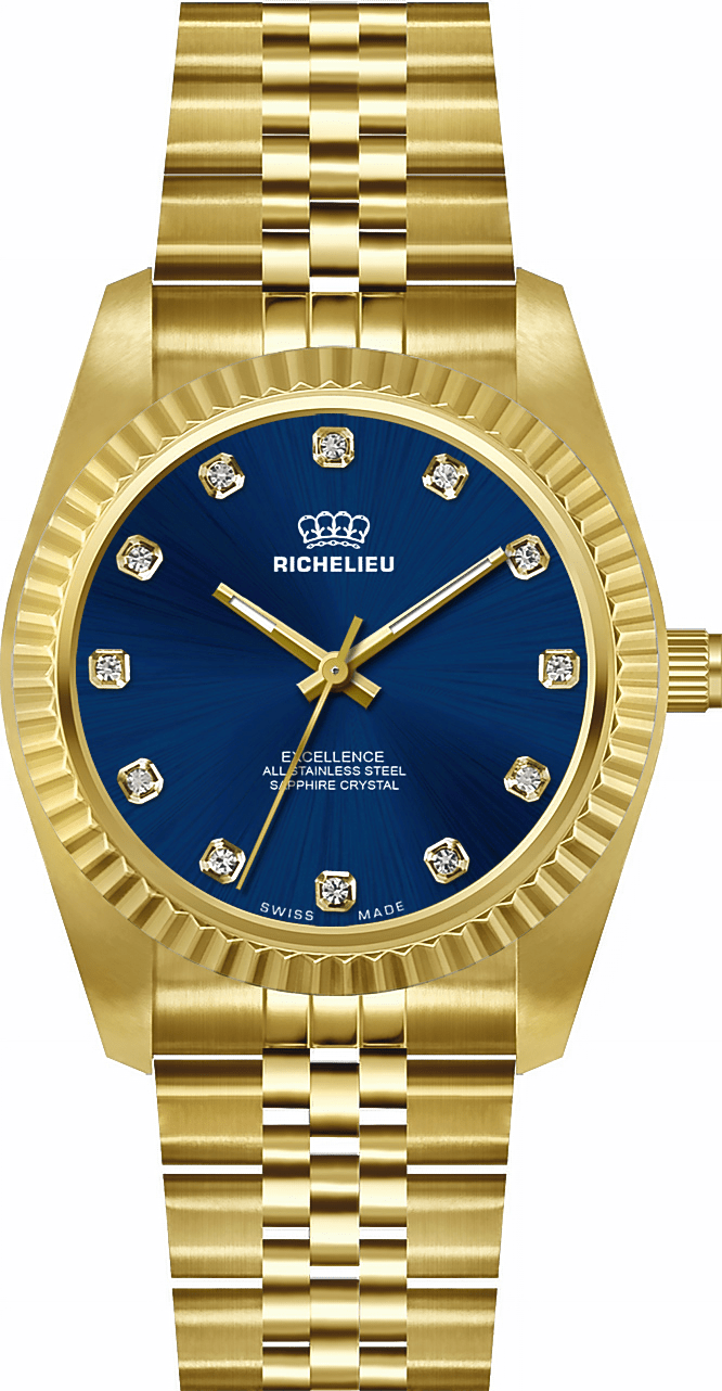 Orologio da donna Richelieu Excellence 22 mm – Quadrante blu con indici in cristallo e finiture dorate | Swiss Made - NAFALUXE