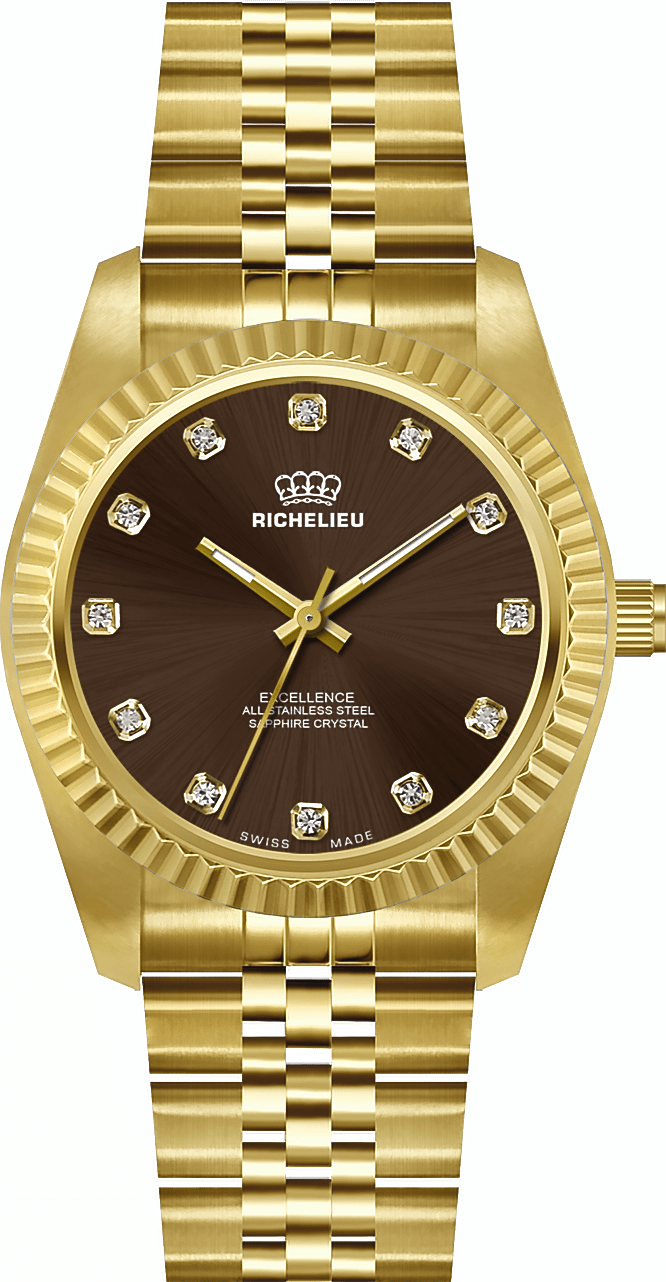 Montre pour femme Richelieu Excellence 22 mm – Cadran marron, index en cristal, finition dorée | Fabriquée en Suisse - NAFALUXE
