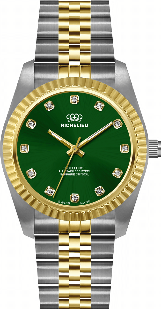 Montre pour femme Richelieu Excellence 22 mm – Cadran vert, index en cristal, bicolore | Fabriquée en Suisse - NAFALUXE