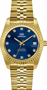 Montre pour femme Richelieu Excellence 26 mm – Cadran bleu, index en cristal, finition dorée | Fabriquée en Suisse - NAFALUXE