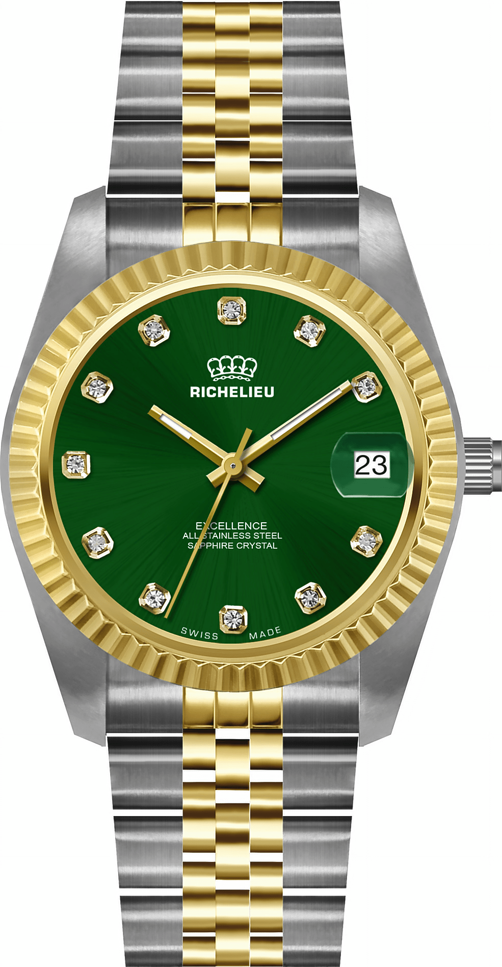 Montre pour femme Richelieu Excellence 26 mm – Cadran vert, index en cristal, bicolore | Fabriquée en Suisse - NAFALUXE