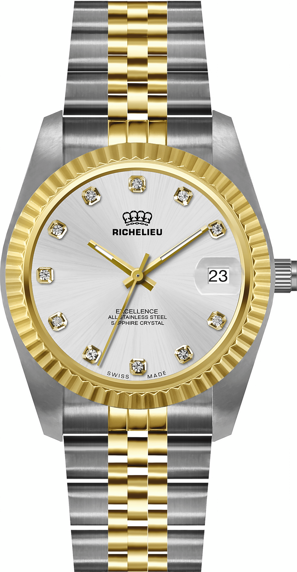 Montre pour femme Richelieu Excellence 26 mm – Cadran argenté, index en cristal, bicolore | Fabriquée en Suisse - NAFALUXE