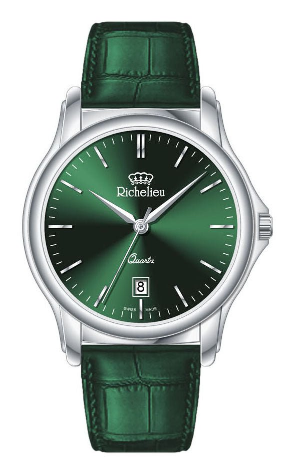 Orologio da uomo Richelieu al quarzo, 42 mm, quadrante verde, cinturino in pelle – Swiss Made - NAFALUXE