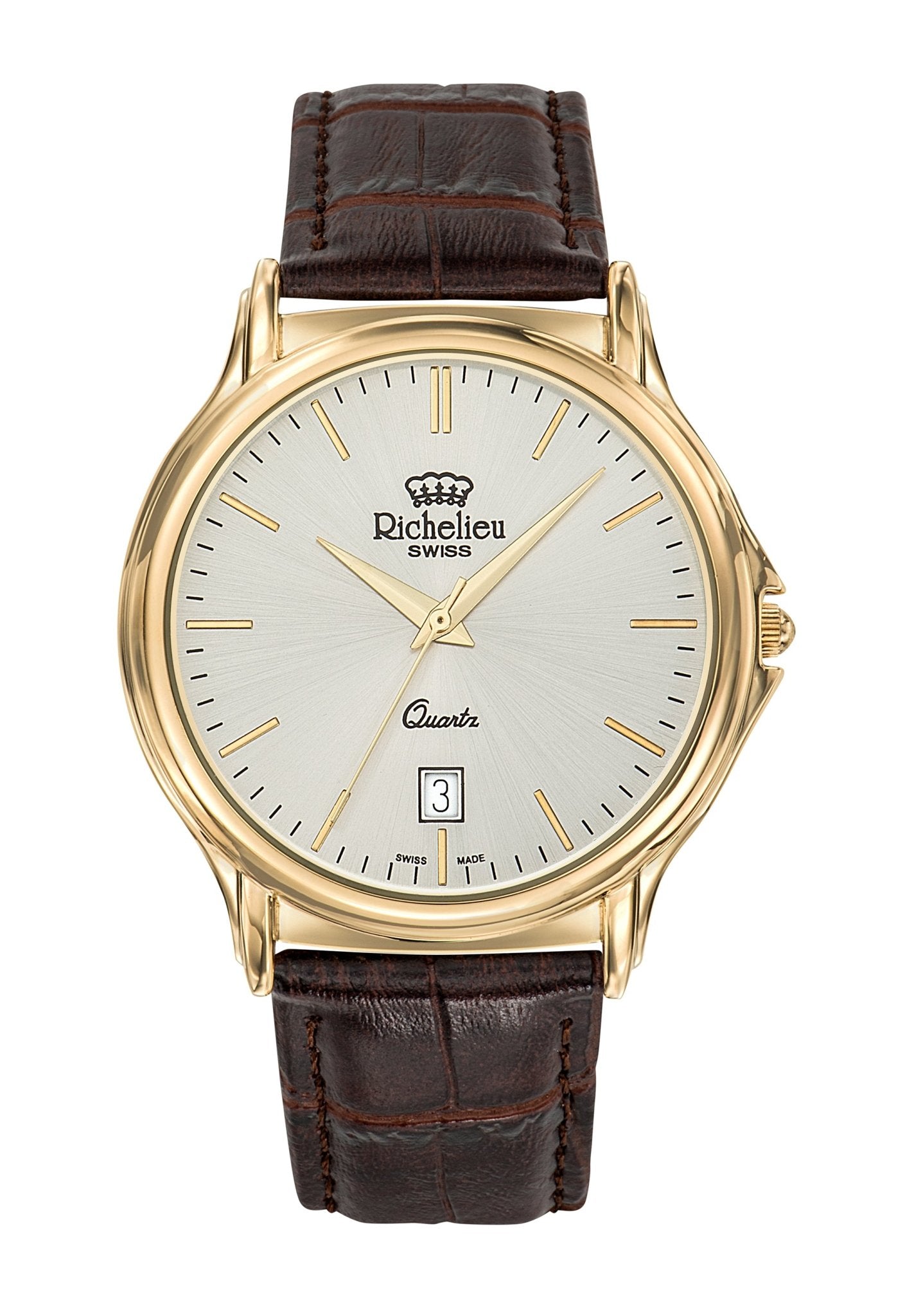 Orologio da uomo Richelieu al quarzo, 42 mm, quadrante argento, cinturino in pelle color oro – Swiss Made - NAFALUXE