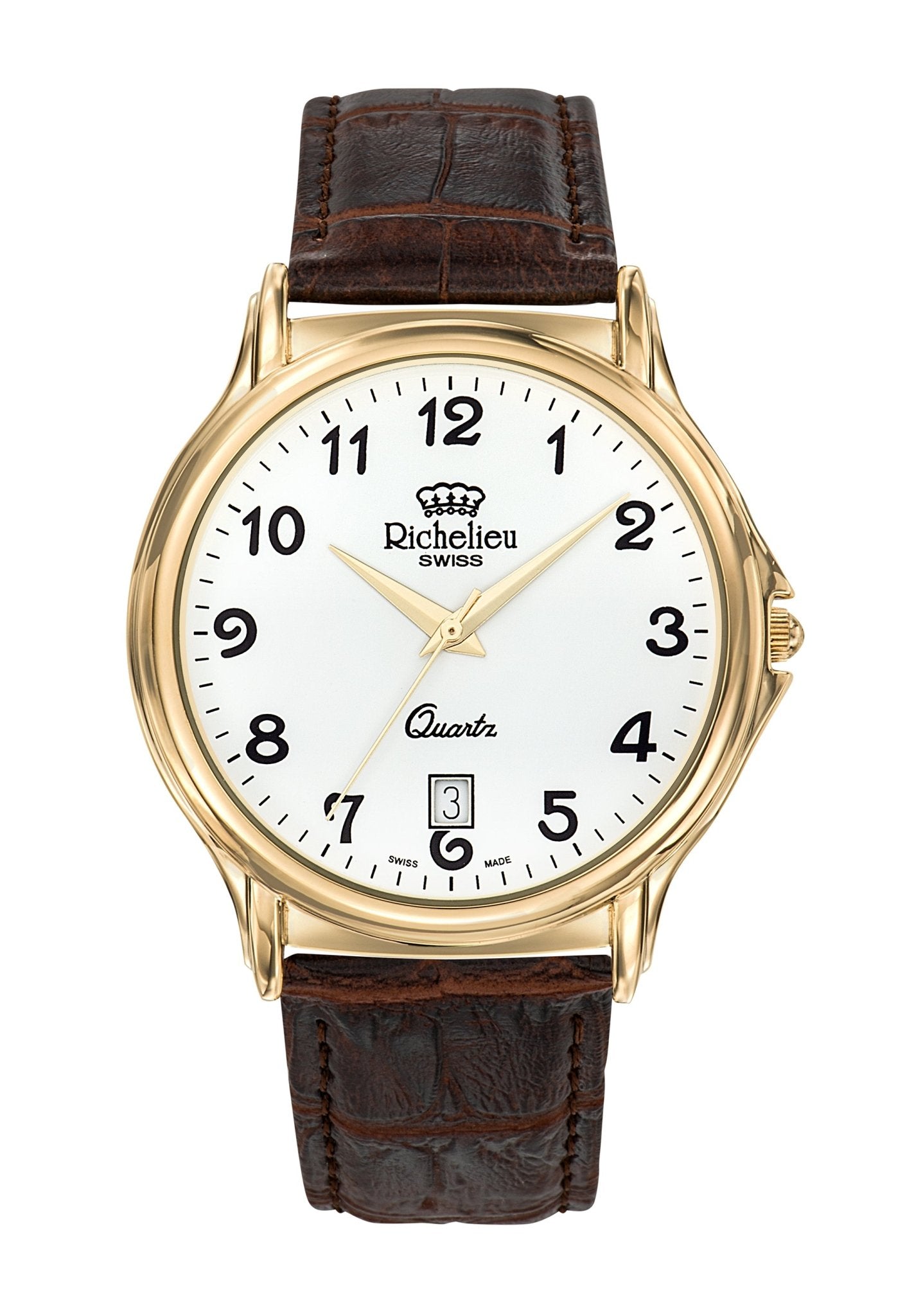 Richelieu Gents Quartz Watch 42mm White Dial Gold Tone Leather Strap – Swiss Made - NAFALUXE