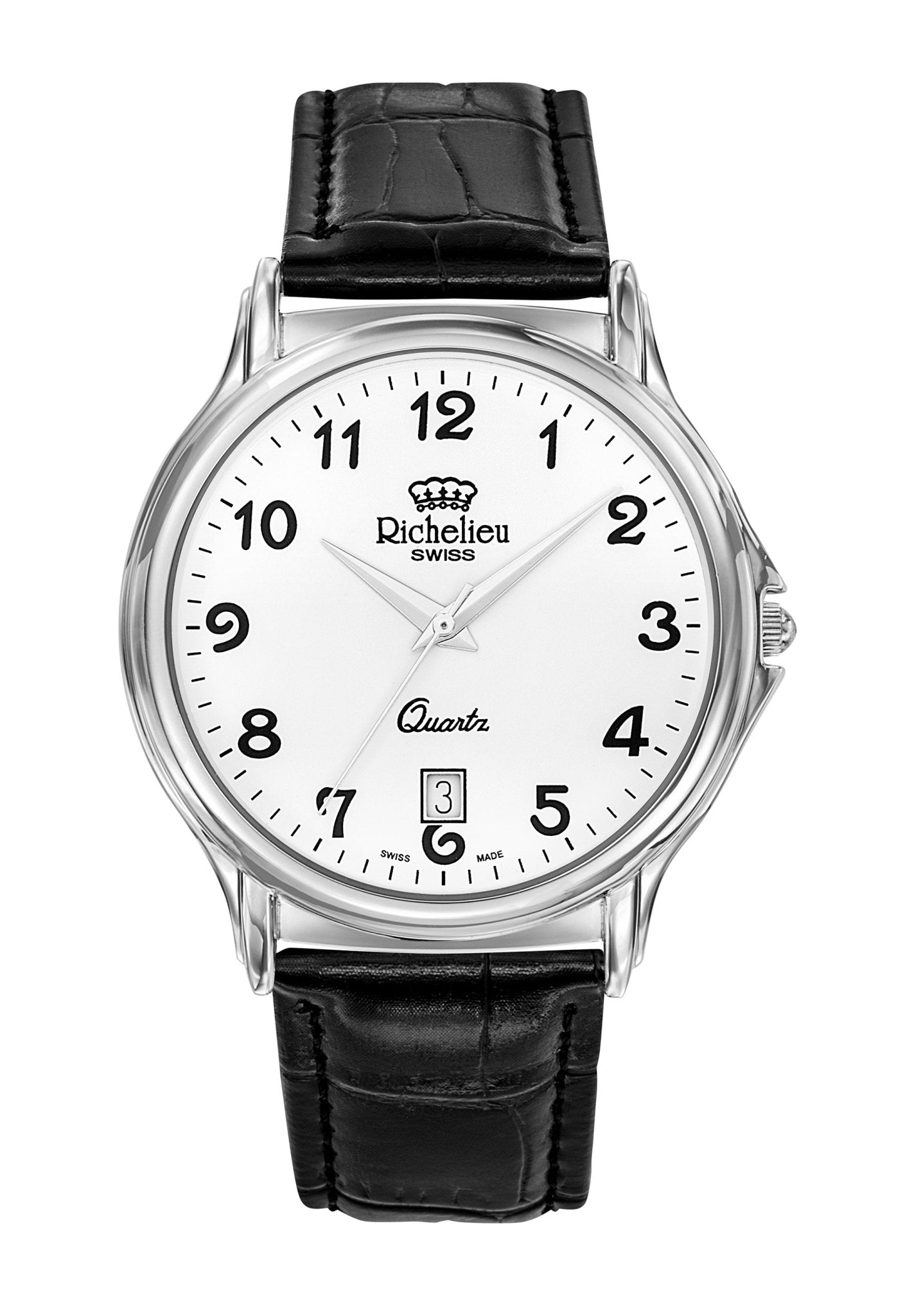 Orologio da uomo Richelieu al quarzo, 42 mm, quadrante bianco, cinturino in pelle – Swiss Made - NAFALUXE