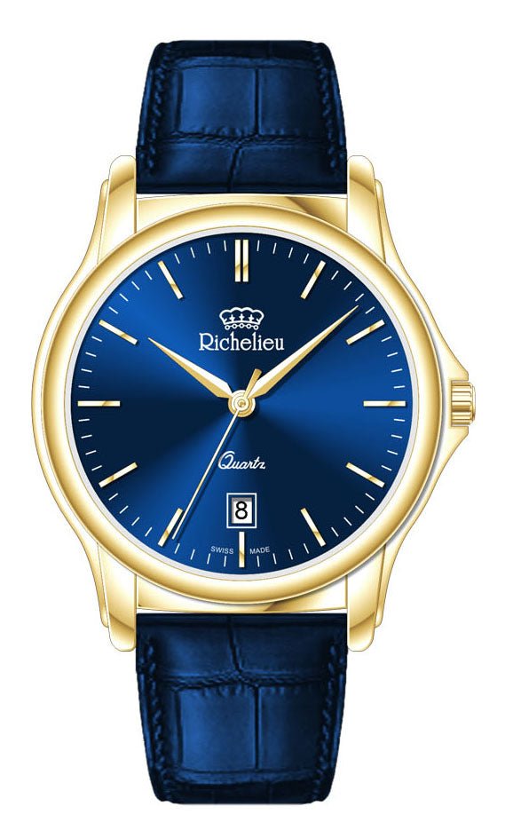 Richelieu Ladies Quartz Watch 36mm Blue Dial Gold Tone Leather Strap – Swiss Made - NAFALUXE