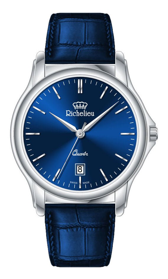 Montre à quartz pour femme Richelieu, 36 mm, cadran bleu, bracelet en cuir – Fabriquée en Suisse - NAFALUXE