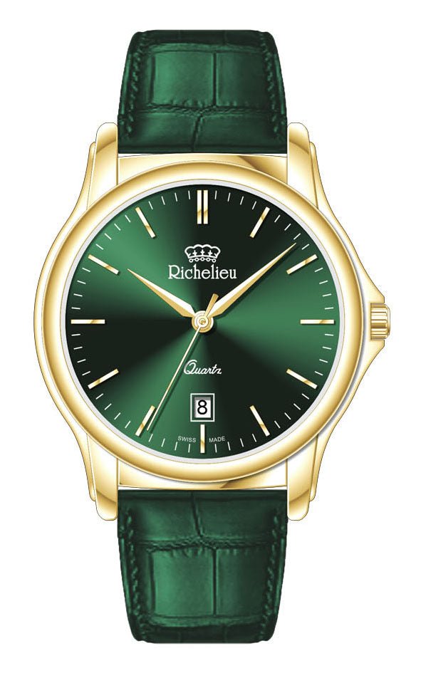 Orologio da donna Richelieu al quarzo, 36 mm, quadrante verde, cinturino in pelle color oro – Swiss Made - NAFALUXE