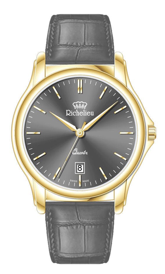 Richelieu Ladies Quartz Watch 36mm Grey Dial Gold Tone Leather Strap – Swiss Made - NAFALUXE