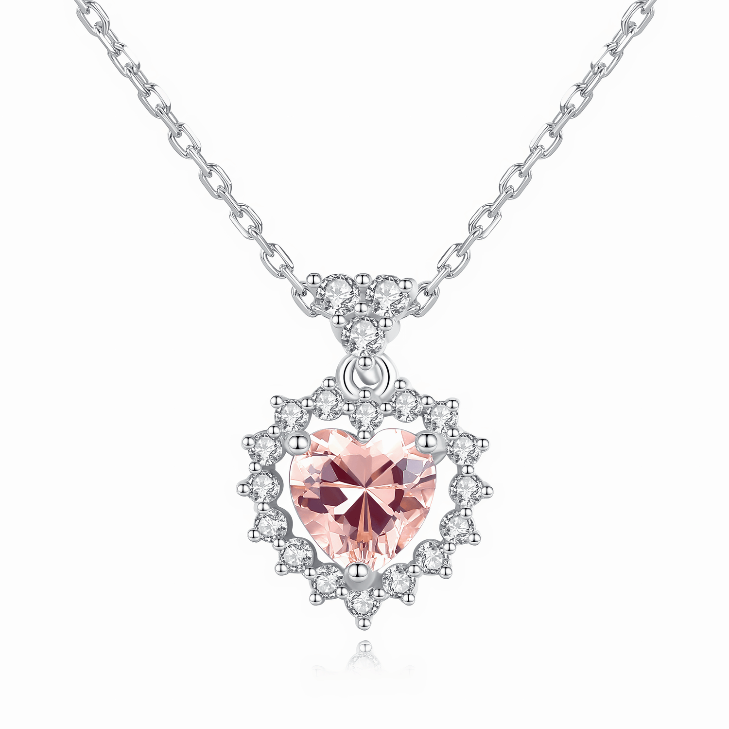 Collana con pendente a forma di cuore romantico con halo di zirconi rosa, in argento sterling - NAFALUXE