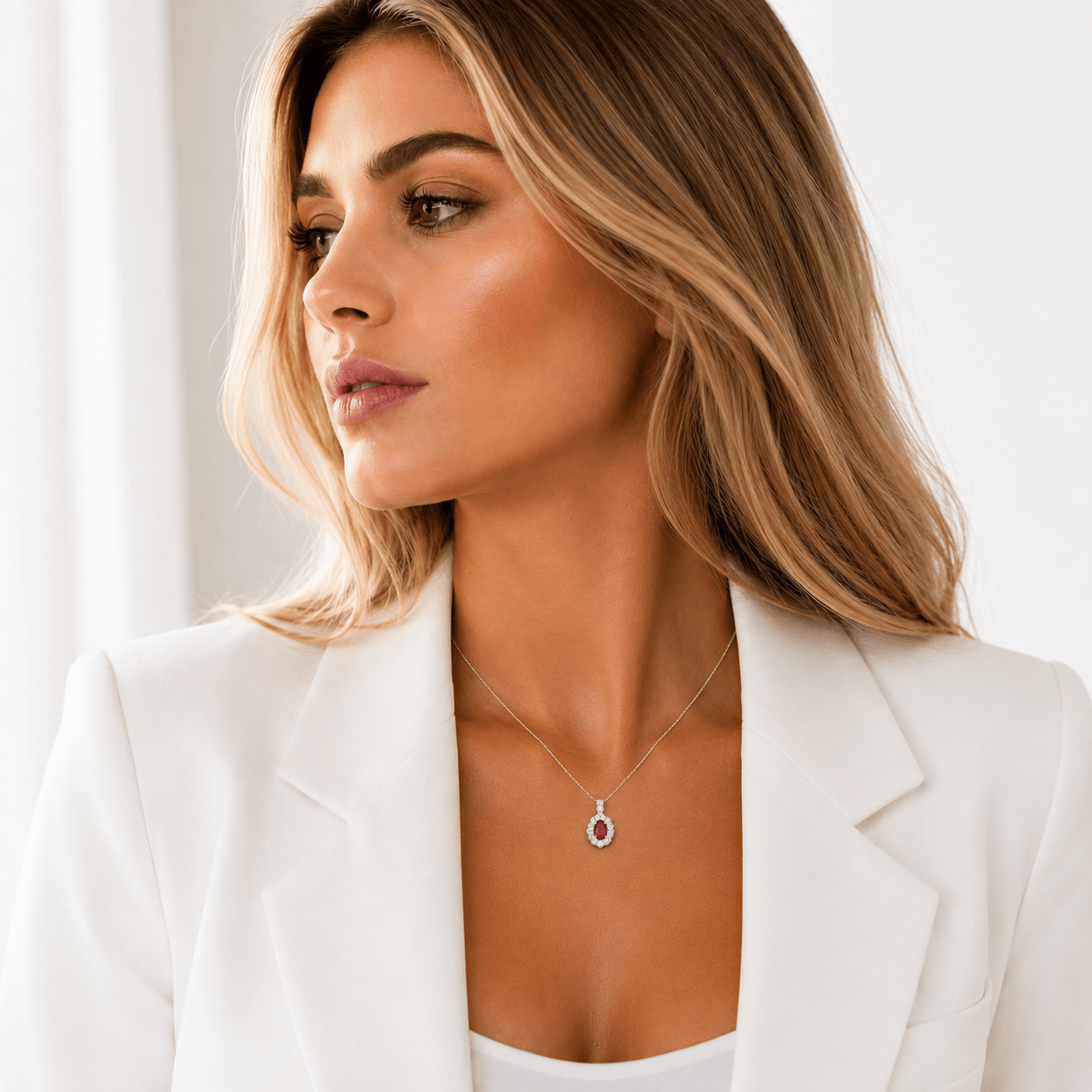 Ruby Oval Halo Necklace – 925 Silver - NAFALUXE