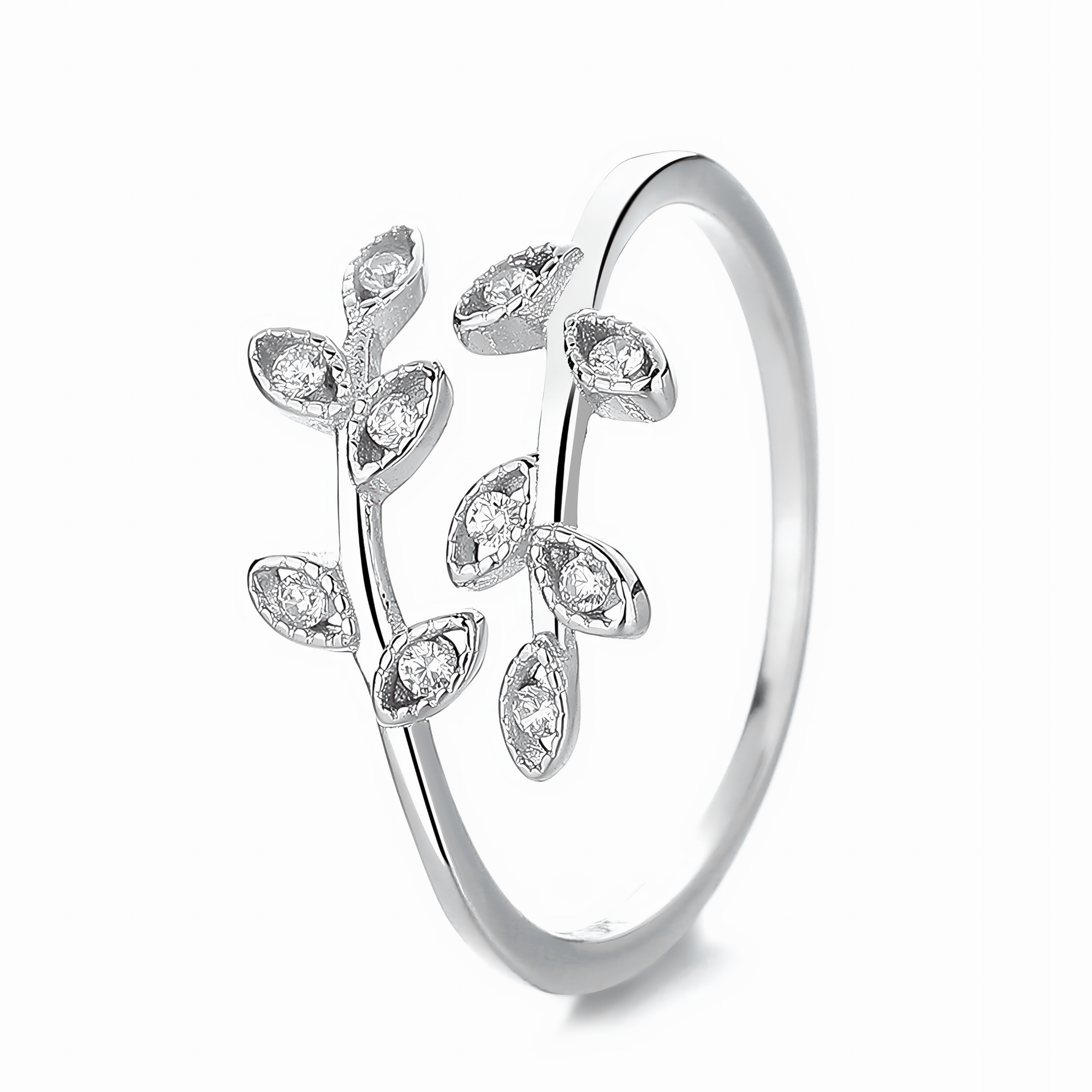 Silver Vine – Sterling Silver Leaf Ring with Sparkling CZ Accents - NAFALUXE