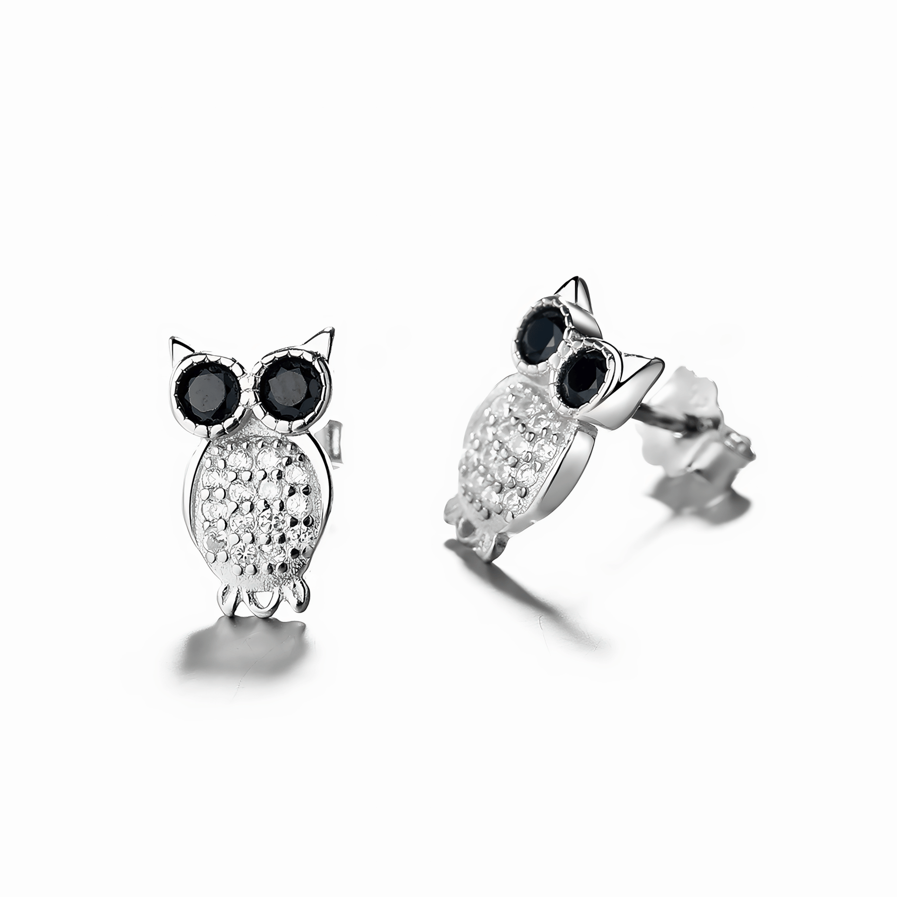 Sparkling Owl Stud Earrings – 925 Sterling Silver with Black and White Zirconia Stones - NAFALUXE