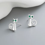 Sterling Silver 925 Cat Stud Earrings with Green Eyes - NAFALUXE