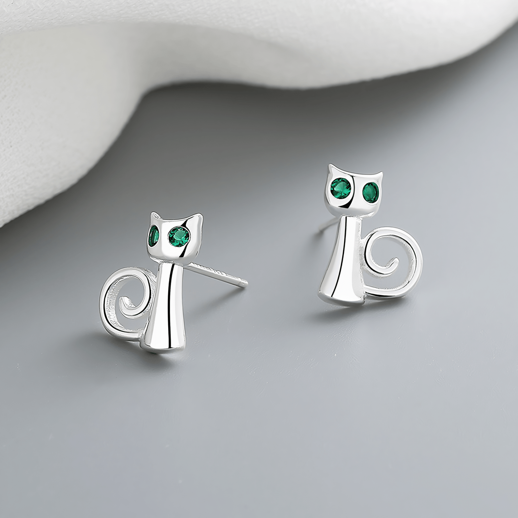 Sterling Silver 925 Cat Stud Earrings with Green Eyes - NAFALUXE