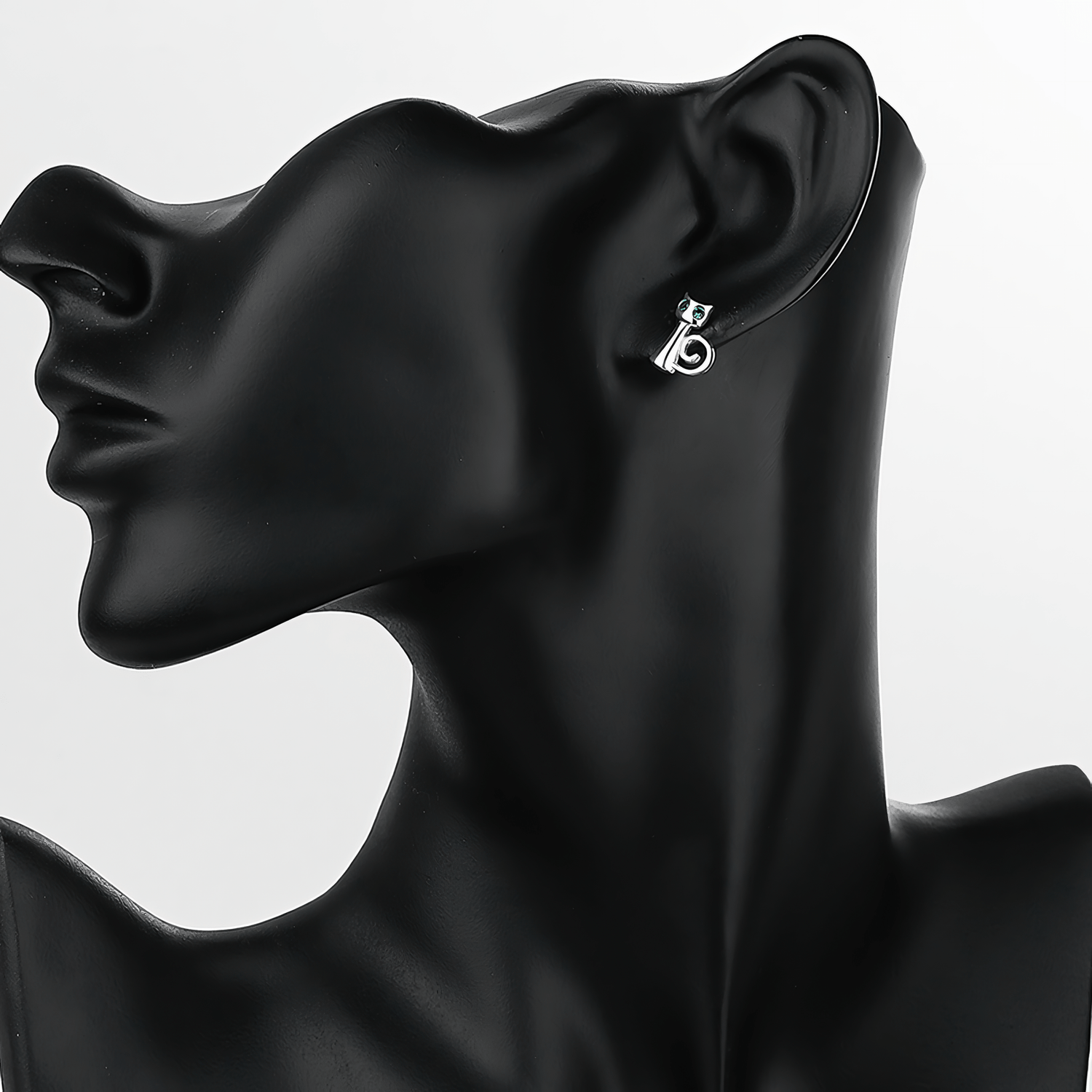Sterling Silver 925 Cat Stud Earrings with Green Eyes - NAFALUXE