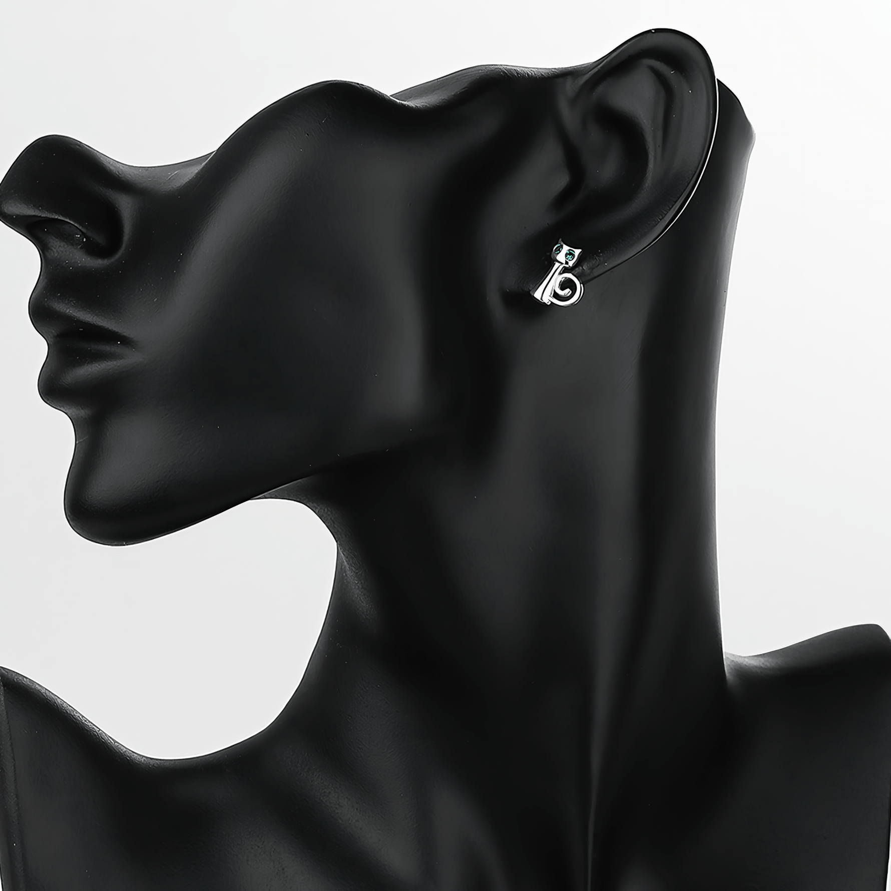 Sterling Silver 925 Cat Stud Earrings with Green Eyes - NAFALUXE