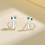 Sterling Silver 925 Cat Stud Earrings with Green Eyes - NAFALUXE