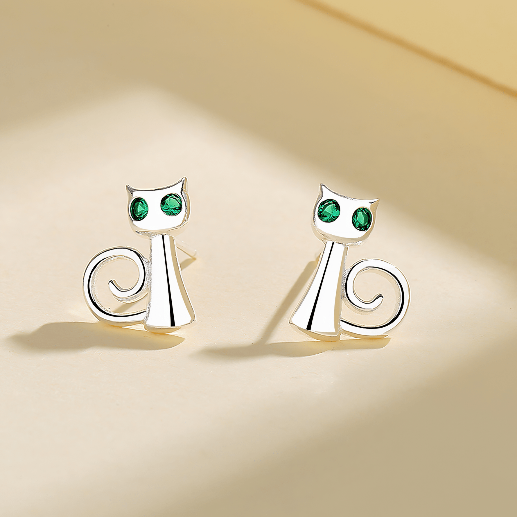 Sterling Silver 925 Cat Stud Earrings with Green Eyes - NAFALUXE