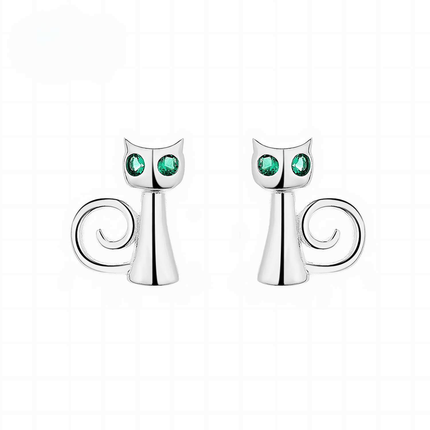 Sterling Silver 925 Cat Stud Earrings with Green Eyes - NAFALUXE