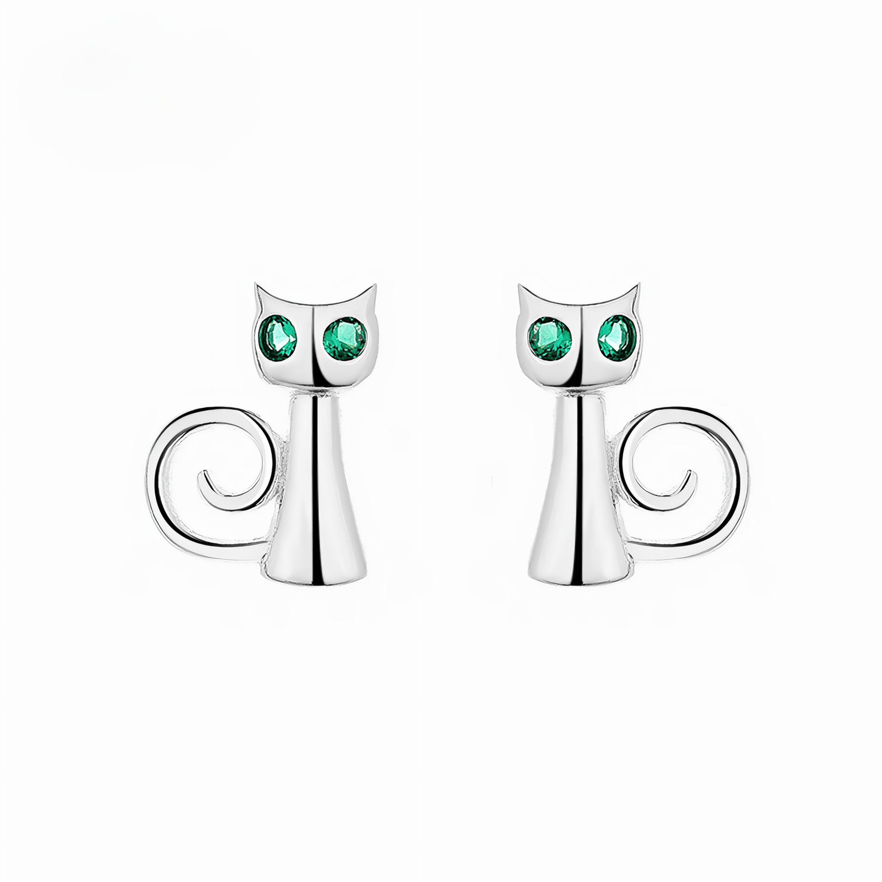 Sterling Silver 925 Cat Stud Earrings with Green Eyes - NAFALUXE