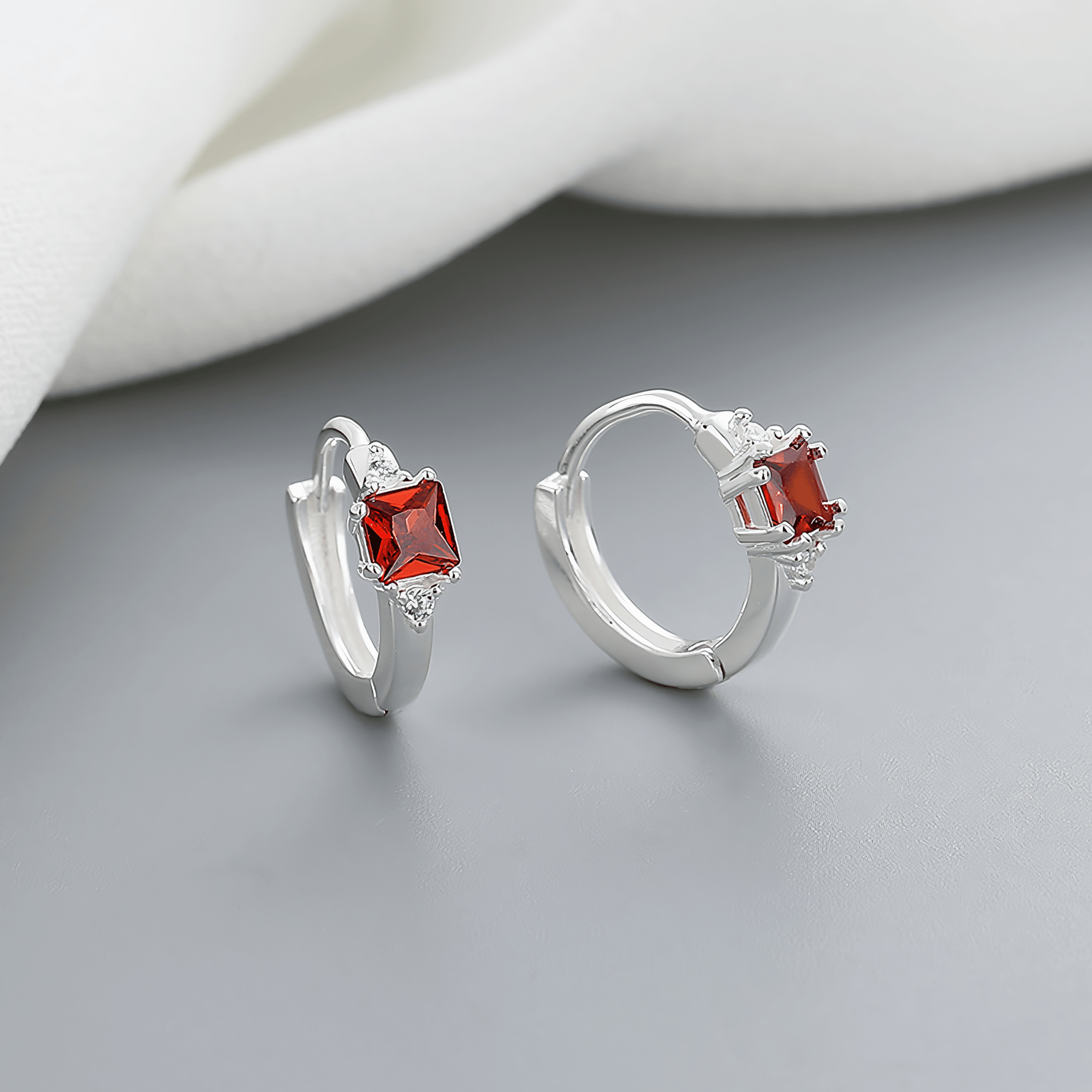 Sterling Silver 925 Hoop Earrings with Red Princess - Cut Stone - NAFALUXE