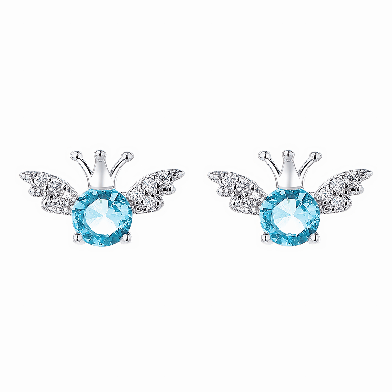 Orecchini a bottone in argento sterling con angelo e corona in zirconi blu - NAFALUXE