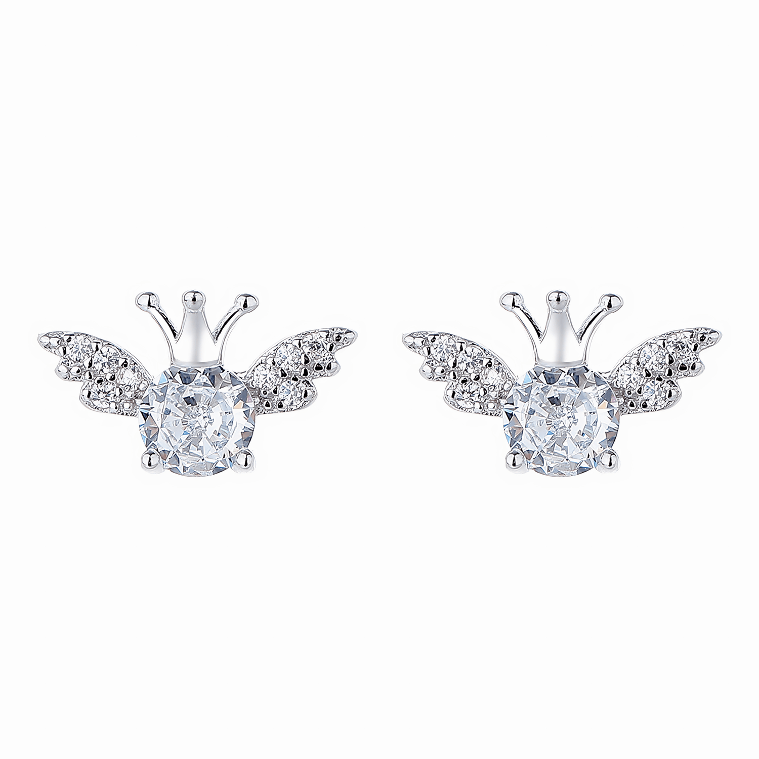 Orecchini a bottone in argento sterling con angelo e corona in zirconi blu - NAFALUXE