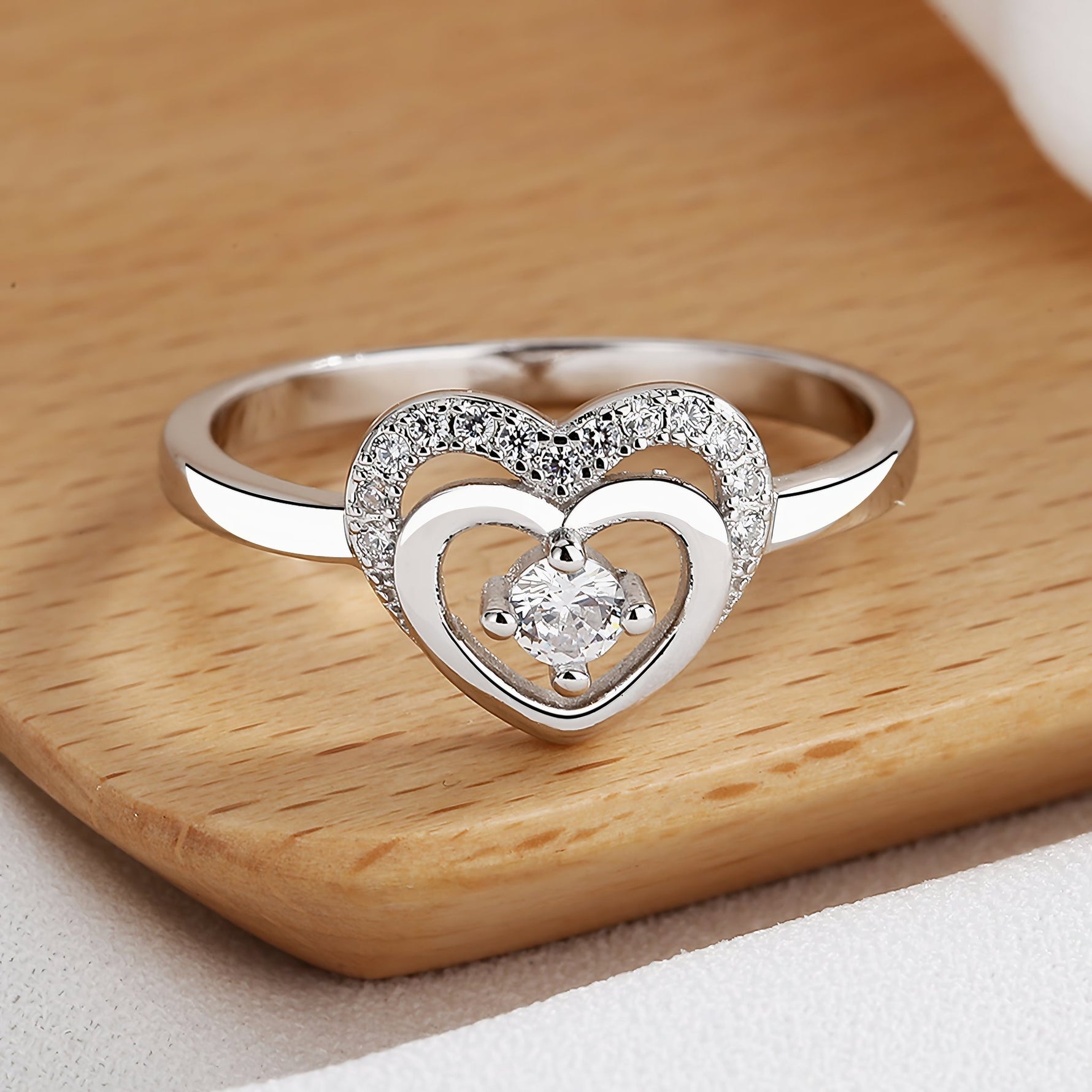 Sterling Silver Double Heart Ring with CZ Stone - NAFALUXE
