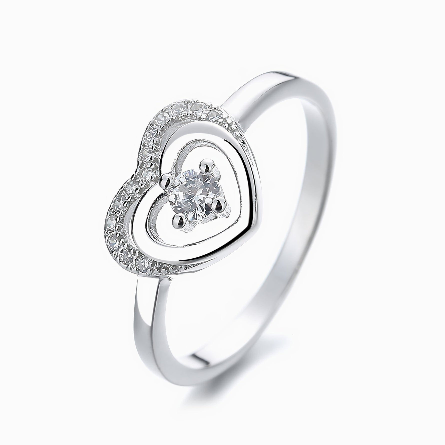 Sterling Silver Double Heart Ring with CZ Stone - NAFALUXE