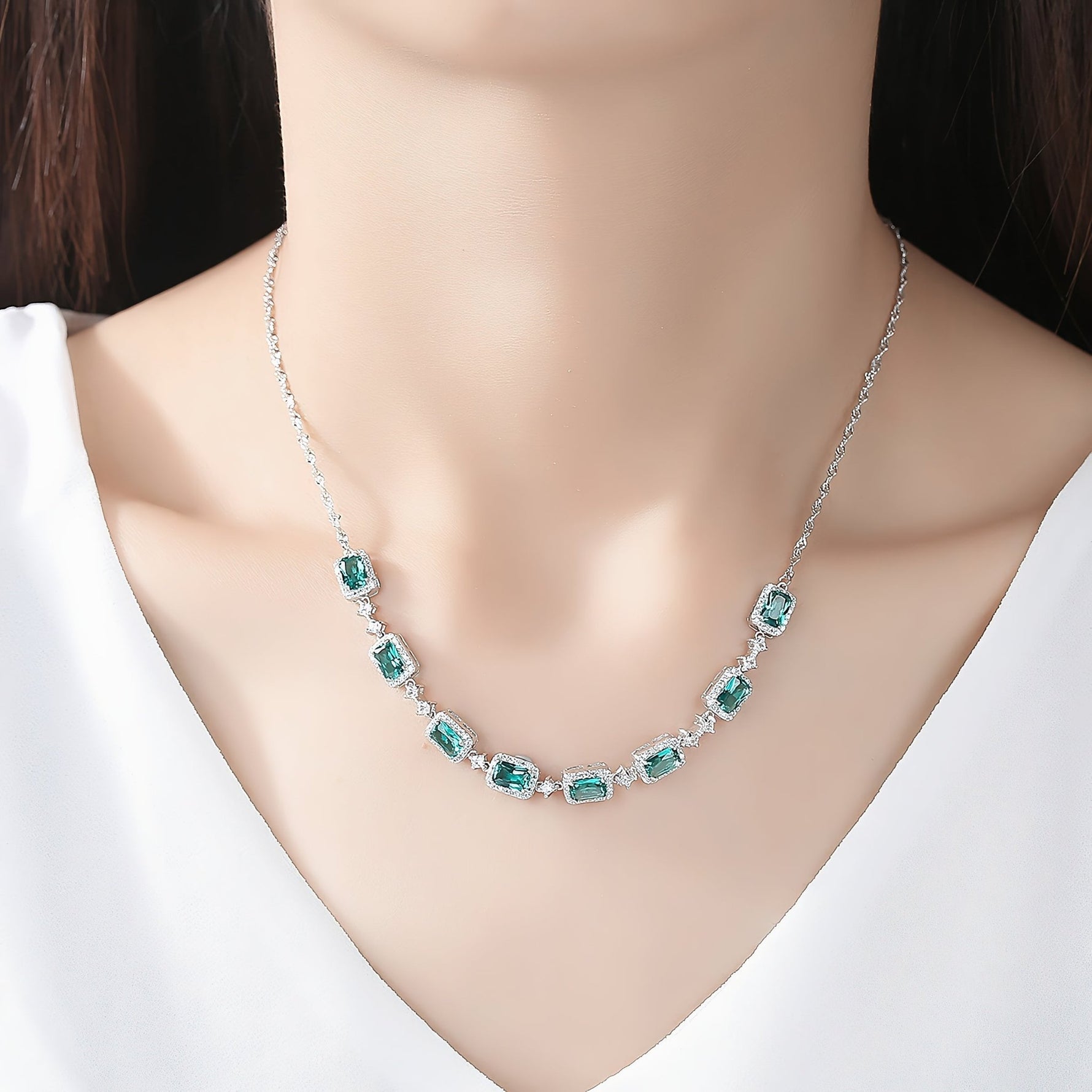 Sterling Silver Emerald - Cut Green CZ Necklace – Halo Design, Rhodium Plated - NAFALUXE