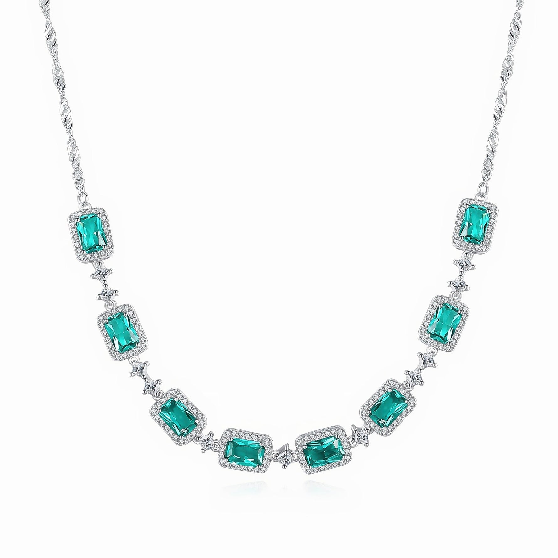 Sterling Silver Emerald - Cut Green CZ Necklace – Halo Design, Rhodium Plated - NAFALUXE
